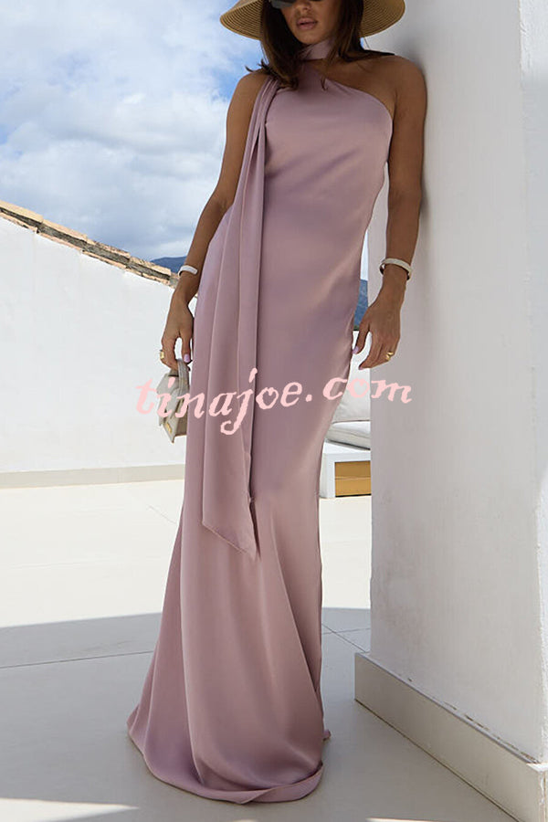 Cheers Babe Satin Solid Color Elegant One Shoulder Tie Maxi Dress