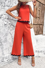 Wave Trimmed Round Neck Buttoned Elastic Waist Pants Suit