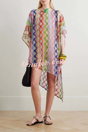 Sun Washed Knit Colorful Zigzag Pattern Asymmetric Hem Loose Cover-ups Kaftan