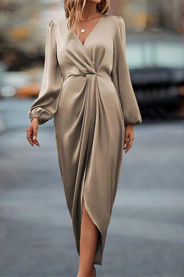 Satin V-neck Long-sleeved Slit Irregular Hem Midi Dress