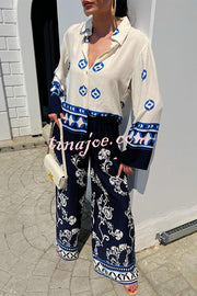 Unique Printed Lapel Long-sleeved Loose Top and Elastic Waist Casual Wide-leg Pants Set