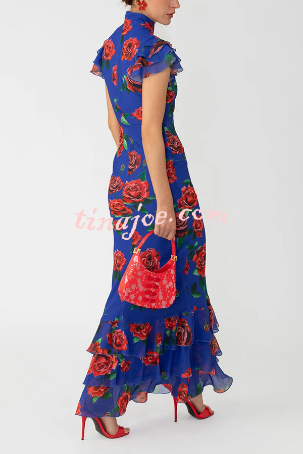 Cheongsam Style Rose Print Layered Trumpet Sleeves Stand Collar Maxi Dress