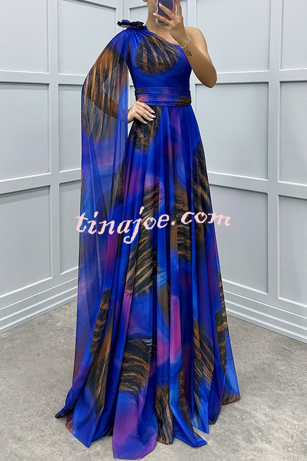 Lucia Unique Print Floral Detail One Shoulder Draped Sleeve Gown Maxi Dress