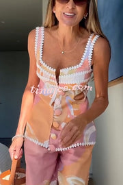 European Summer Linen Blend Ric Rac Trims Unique Print Button Tank