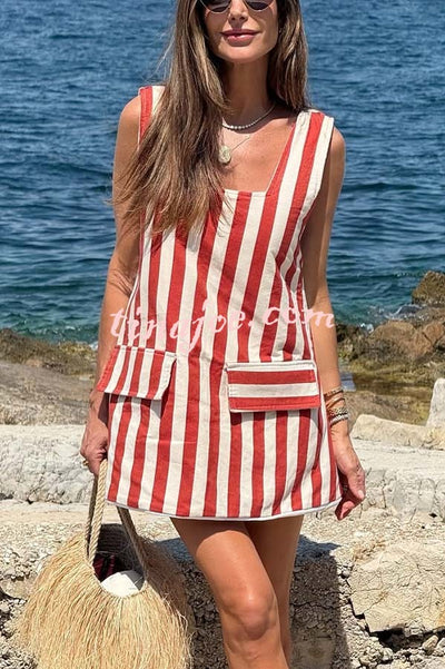 Sunny Views Thick Striped Print Wide Strap Flap A-line Mini Dress