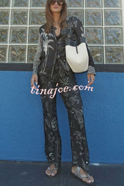 Black Magic Satin Unique Print Long Sleeve Blouse and Elastic Waist Pocket Wide Leg Pants Set