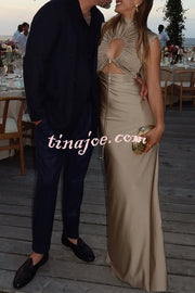 Genis Hollow Elastic Bust High Neck Sleeveless Gathered Maxi Dress