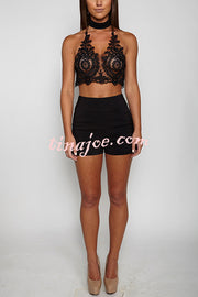 Sexy Halterneck Backless Lace Hollow Short Top