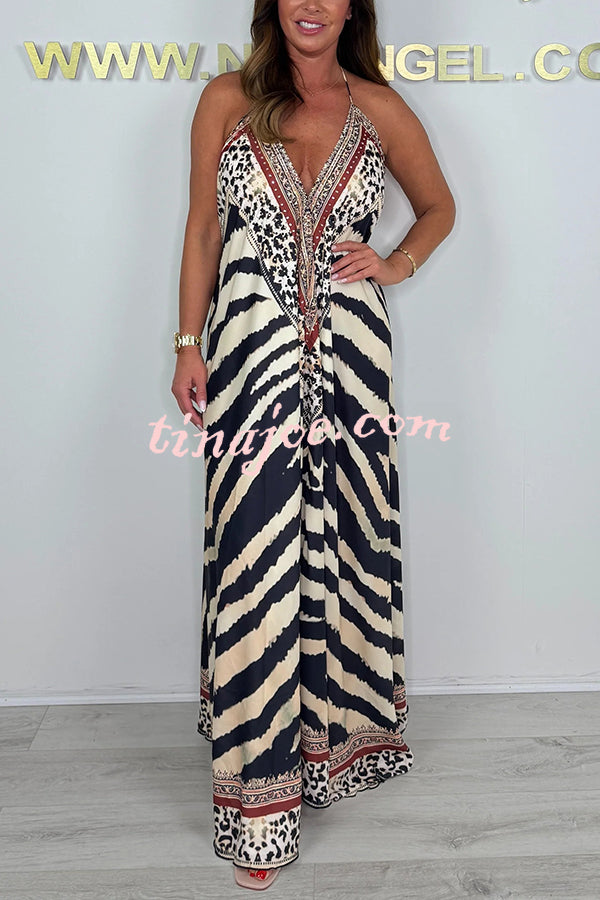Unique Print V-neck Open Back Loose Maxi Dress