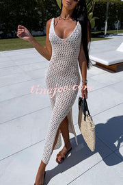 Solid Color V-neck Hollow Beach Knitted Cover-up Midi Dress