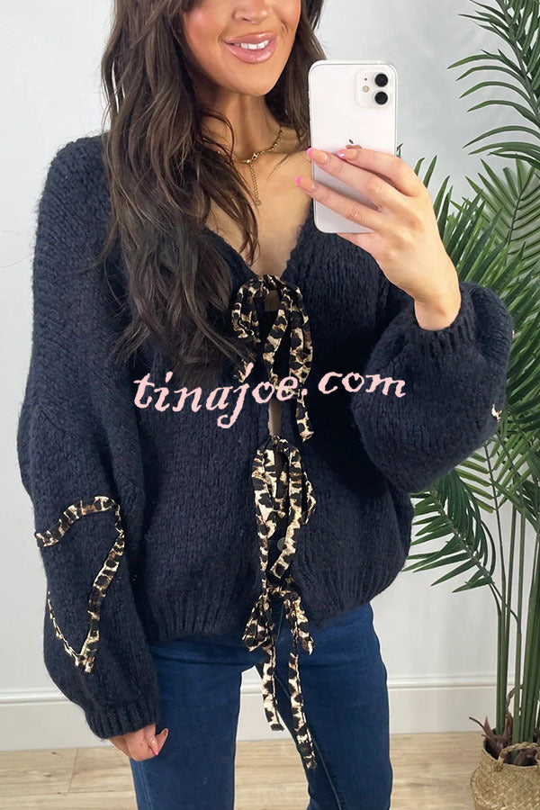 Fashionable Loose Long-sleeved Leopard Print Lace-up Knitted Sweater Cardigan