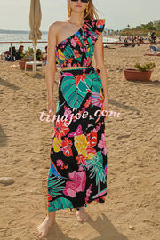 Tropical Flowers and Birds Print Loose Holiday Maxi Skirt