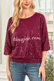 Solid Color Sequined Loose Round Neck Casual Top