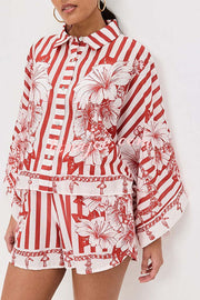 Like Paradise Floral Print Wide Sleeve Shirt and Elastic Waist Pocketed Shorts Set