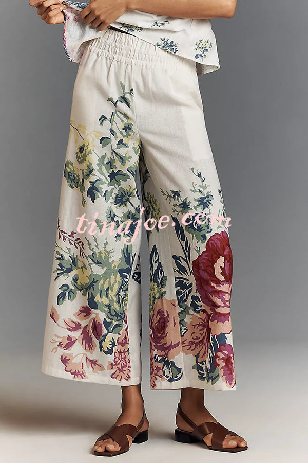 In To The Summer Linen Blend Floral Print Elastic Bandeau and Elastic Waist Pocket Loose Pants Set