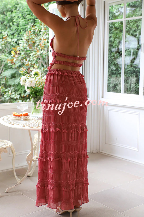 Feel Chic and Romantic Sequin Textured Material Back Elastic Halter Tie Tank