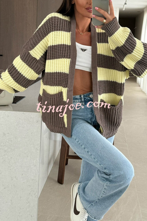 Fashionable Patchwork Striped Casual Pocket Knitted Sweater