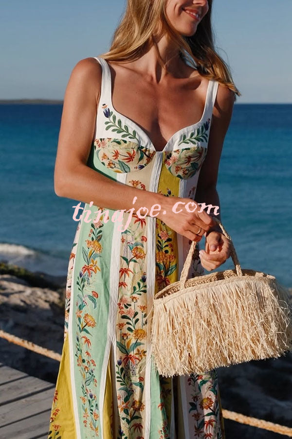Sweet Garden Linen Blend Color Block Floral Paneled Maxi Dress