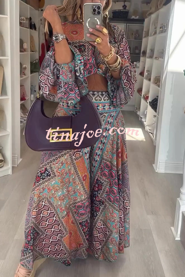 Unique Boho Ethnic Print Balloon Sleeve Crop Top and Elastic Waist Wide-leg Pants Set