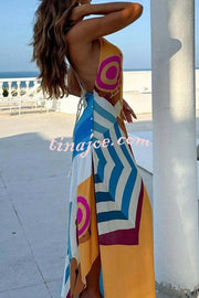 Sun and Sea Unique Print Side Button Rope Halter A-line Maxi Dress