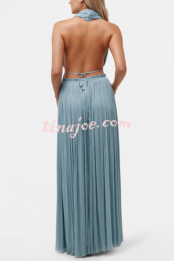 Pure Lightness Chiffon Pleated Halter Backless Top and Elastic Waist A-line Maxi Skirt Set