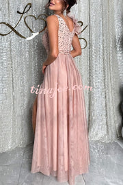 Everlasting Party Sequin Tulle Ruffles Shoulder Design Slit Maxi Dress