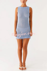 Fashion Knit Hollow Beaded Tassel Embellished Sleeveless Slim Mini Dress