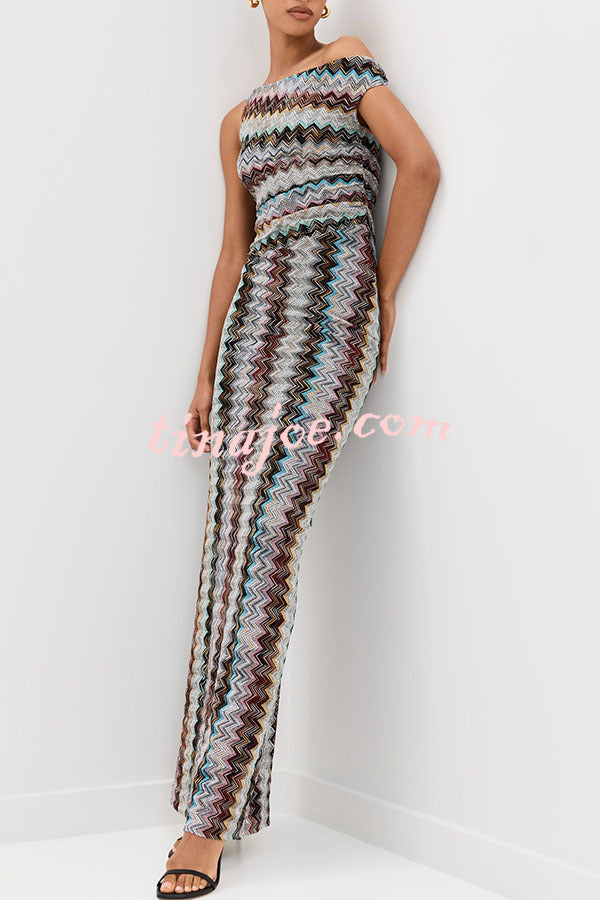 Cocktails and Vacation Knit Colorful Zigzag Pattern One Shoulder Slit Maxi Dress