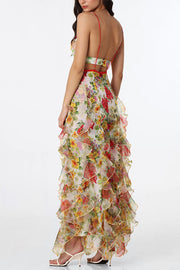 Sunrise Goddess Chiffon Roses Print Ruffles Tiered Trim Maxi Dress