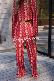 Tamia Knit Colorful Wave Unique Print Crop Top and Stretch Wide Leg Pants Set