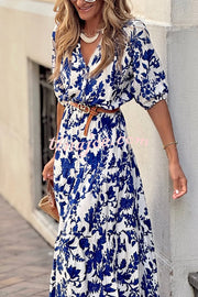 Plant Print V-neck Half-sleeve High Waist Casual Maxi Dress