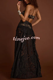 A Girls' Trip Lace High Neck Cutout Drop Waist Ruffles Maxi Dress