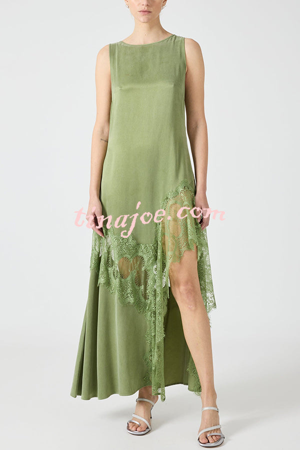 Pretty Soul Satin Lace Trim Wide Neck Irregular Hem Slit Maxi Dress