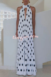 Really Special Pleated Polka Dot Print High Halter Neck A-line Maxi Dress