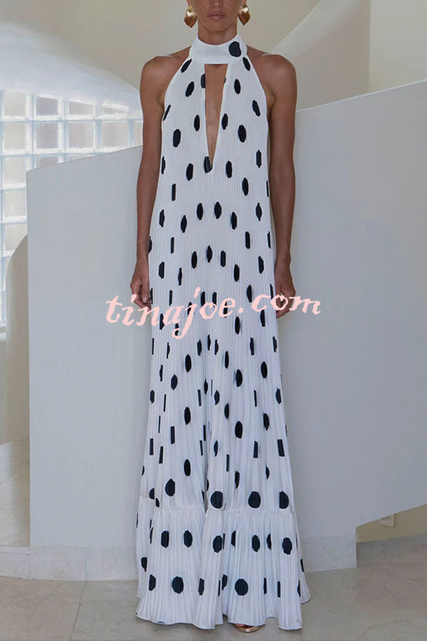 Really Special Pleated Polka Dot Print High Halter Neck A-line Maxi Dress