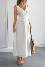 Solid Color V-neck Sleeveless Waist Hollow Out Maxi Dress