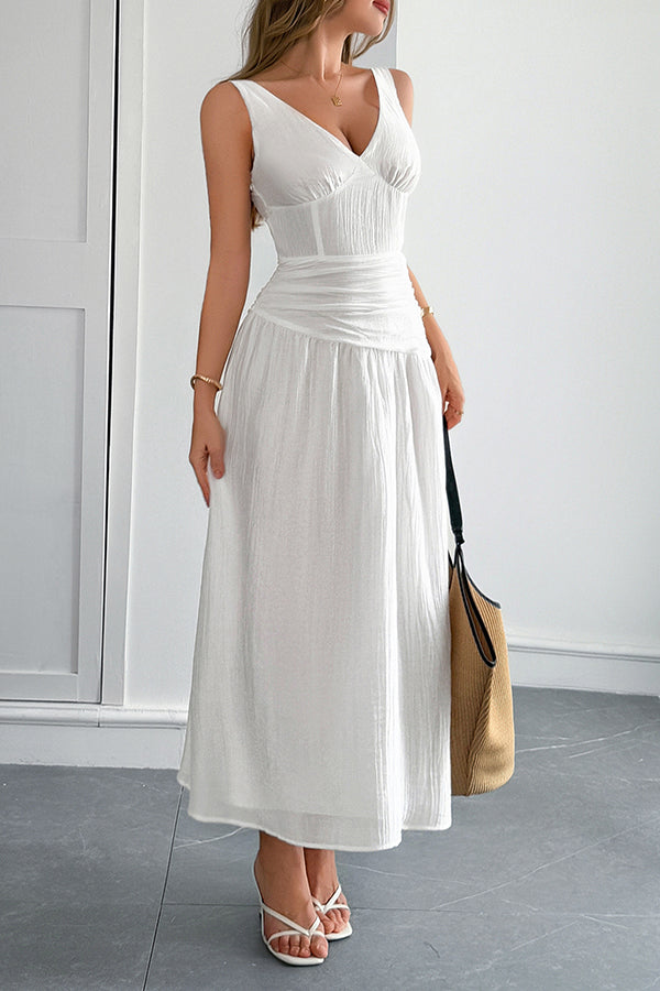 Solid Color V-neck Sleeveless Waist Hollow Out Maxi Dress
