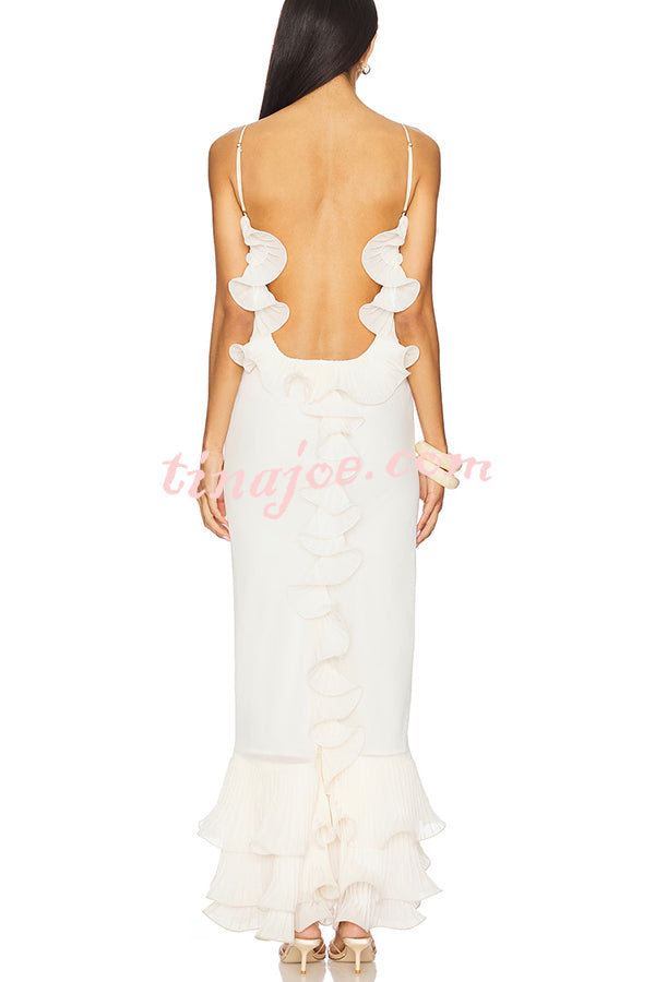 Alisin Pleated Chiffon Wavy Ruffles Trim Slip Maxi Dress