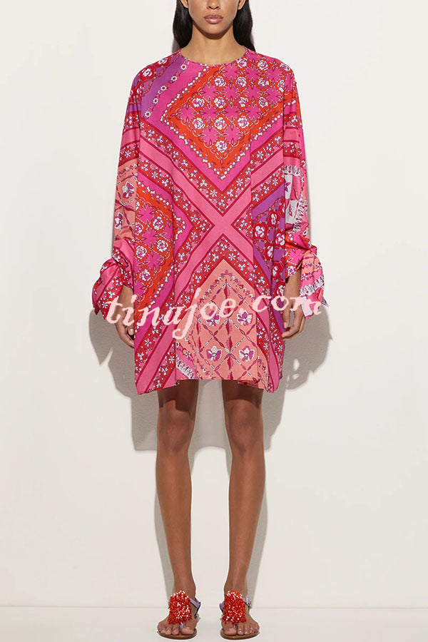 Micah Satin Unique Print Slit Tie-up Sleeve Shift Kaftan Mini Dress