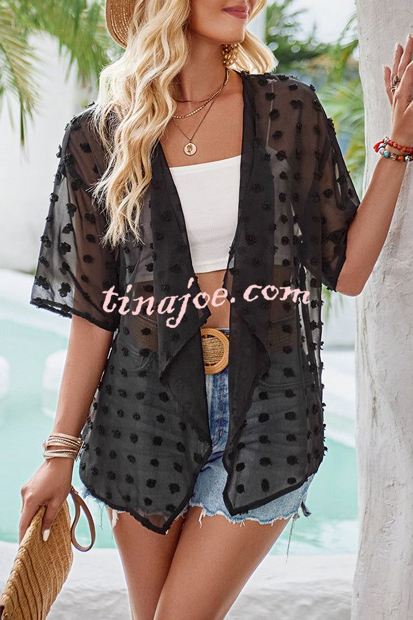 Casual See Through Patchwork Pom Pom Short Sleeved Cover Up