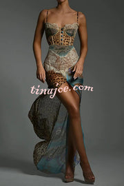 Chiffon Leopard Print Sexy Lace Splicing High Slit Slim Maxi Dress