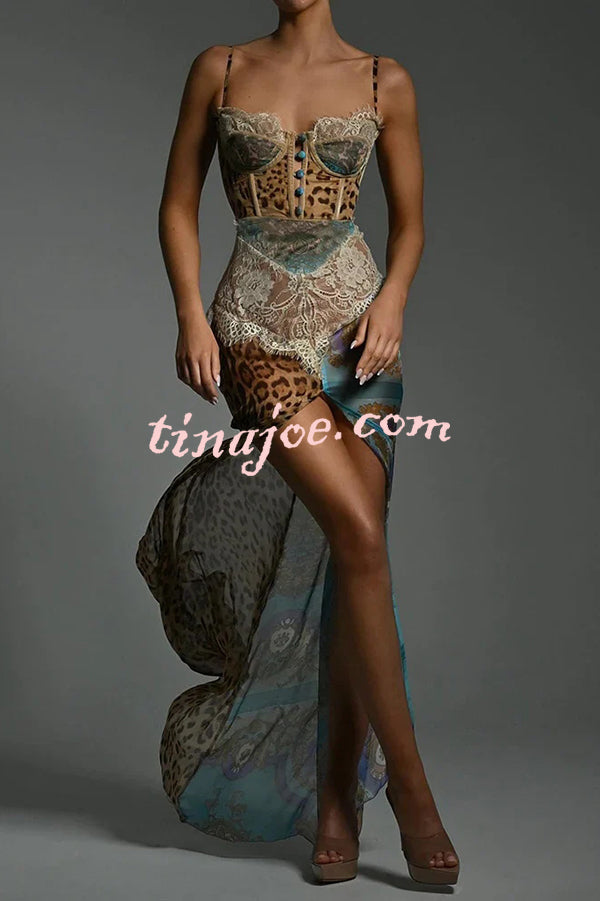 Chiffon Leopard Print Sexy Lace Splicing High Slit Slim Maxi Dress