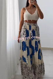 Unique Print Elastic High Waist Tie Pocket Holiday Style Wide Leg Pants