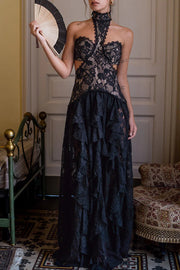 A Girls' Trip Lace High Neck Cutout Drop Waist Ruffles Maxi Dress