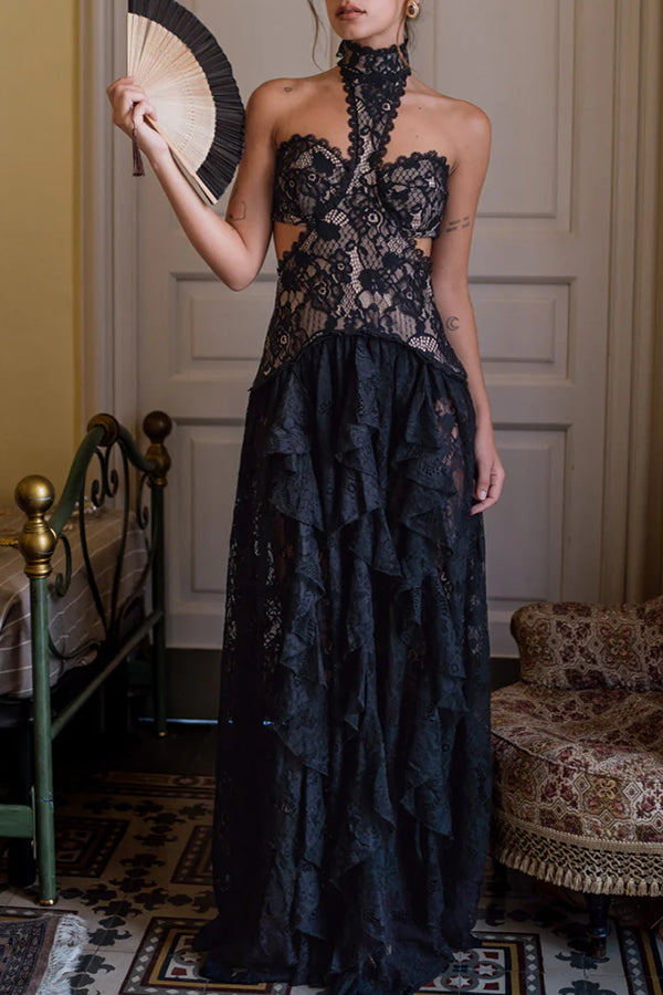 A Girls' Trip Lace High Neck Cutout Drop Waist Ruffles Maxi Dress