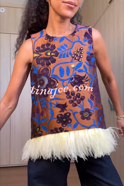 Emina Floral Feather Trim Trapezoidal Silhouette Asymmetrical Hem Top