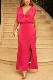 Solid Color V-neck Sleeveless Elegant Waist Slit Maxi Dress