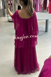 Ready for Holiday Cape Sleeve Tie-up Pleated Maxi Dress