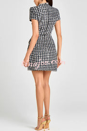 Eve Check Bouclé-tweed Fabric Pearl Trim Short Sleeve Pocketed Mini Dress