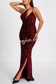 Glam Day Velvet Sequin One Shoulder Cutout Detail Slit Stretch Maxi Dress